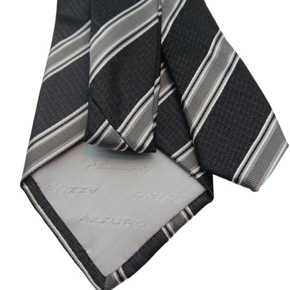 Azzuro Uomo Mens Tie & Pocket Square Set Black Gray Striped Business Formal - Picture 3 of 7